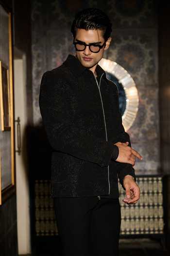 Contrast By Parth_Black Lycra, Suiting Vortex Embroidered Bomber Jacket Set _Online_at_Aza_Fashions