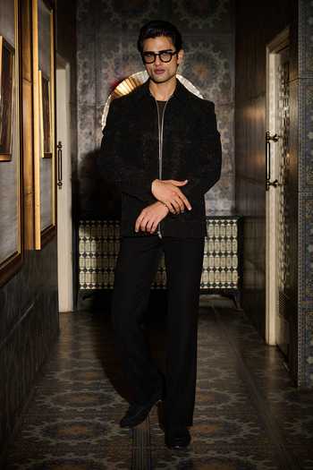 Buy_Contrast By Parth_Black Lycra, Suiting Vortex Embroidered Bomber Jacket Set _Online_at_Aza_Fashions