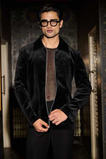 Contrast By Parth_Black Velvet Void Embroidered Bomber Jacket Set _Online_at_Aza_Fashions