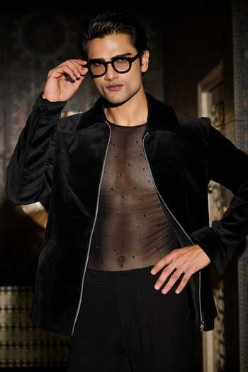 Shop_Contrast By Parth_Black Velvet Void Embroidered Bomber Jacket Set _Online_at_Aza_Fashions