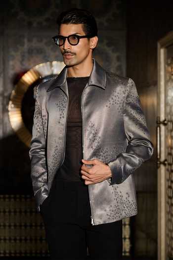Contrast By Parth_Grey Jacquard Pulse Embroidered Bomber Jacket Set _Online_at_Aza_Fashions