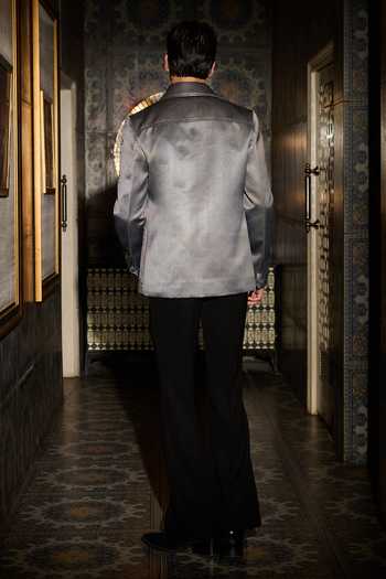 Shop_Contrast By Parth_Grey Jacquard Pulse Embroidered Bomber Jacket Set _at_Aza_Fashions