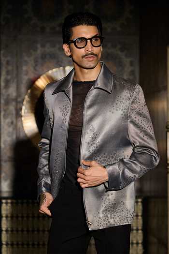 Buy_Contrast By Parth_Grey Jacquard Pulse Embroidered Bomber Jacket Set _Online_at_Aza_Fashions