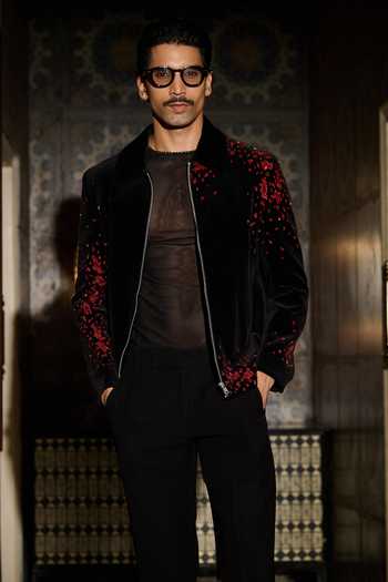 Contrast By Parth_Black Velvet Blaze Embroidered Bomber Jacket Set _Online_at_Aza_Fashions
