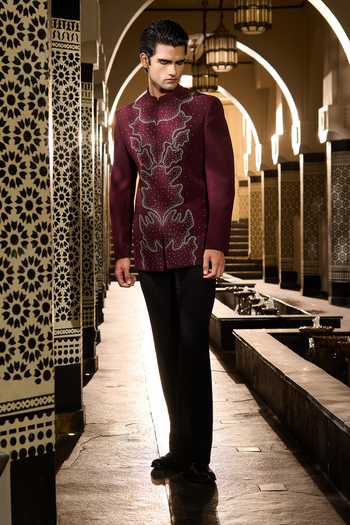 Contrast By Parth_Burgundy Lycra, Suiting Beads, Crystals Garnet Embroidered Bandhgala Set _at_Aza_Fashions