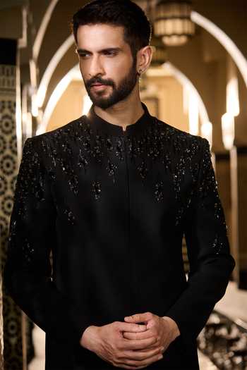 Contrast By Parth_Black Lycra, Suiting Sequins, Crystals Obsidian Embroidered Bandhgala Set _Online_at_Aza_Fashions