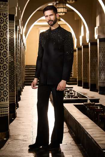 Contrast By Parth_Black Lycra, Suiting Sequins, Crystals Obsidian Embroidered Bandhgala Set _at_Aza_Fashions