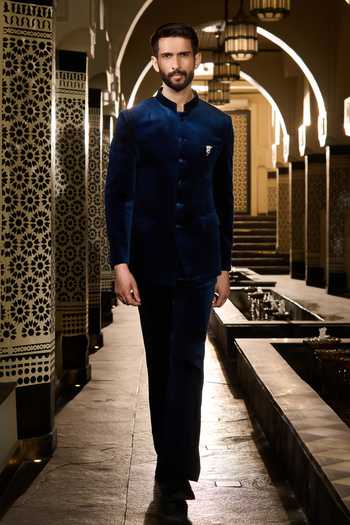 Buy_Contrast By Parth_Blue Velvet Brooches Vault Embroidered Bandhgala Set _at_Aza_Fashions