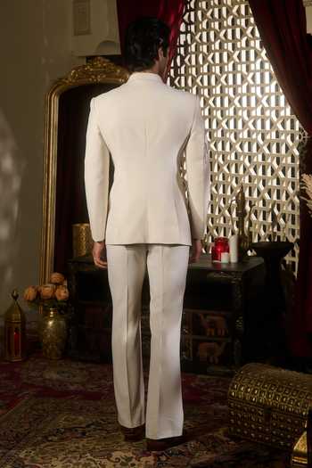 Shop_Contrast By Parth_Ivory Lycra, Twill, Suiting Embroidery, Pearls, Zari Bandhgala Set _at_Aza_Fashions