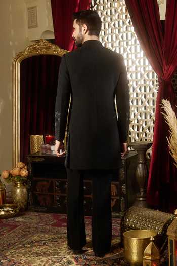 Shop_Contrast By Parth_Black Lycra Phantom Embroidered Sherwani Set _at_Aza_Fashions