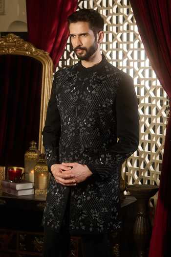Shop_Contrast By Parth_Black Lycra Phantom Embroidered Sherwani Set _Online_at_Aza_Fashions