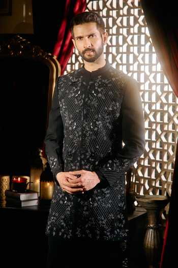 Contrast By Parth_Black Lycra Phantom Embroidered Sherwani Set _at_Aza_Fashions