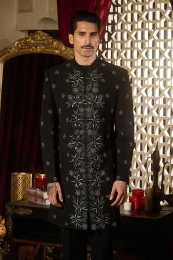 Shop_Contrast By Parth_Black Lycra, Suiting Onyx Embroidered Sherwani And Kurta Set _Online_at_Aza_Fashions