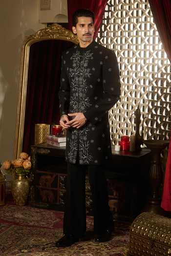 Contrast By Parth_Black Lycra, Suiting Onyx Embroidered Sherwani And Kurta Set _at_Aza_Fashions