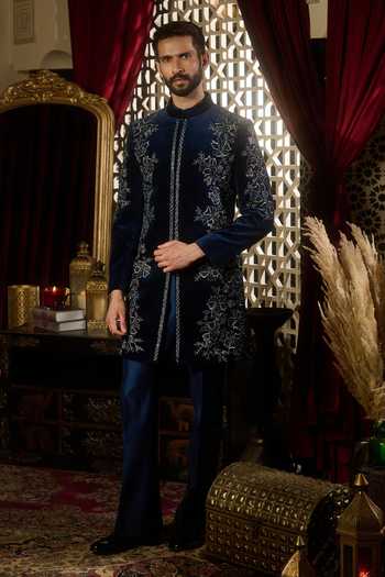 Buy_Contrast By Parth_Blue Velvet Reign Embroidered Sherwani Set _at_Aza_Fashions