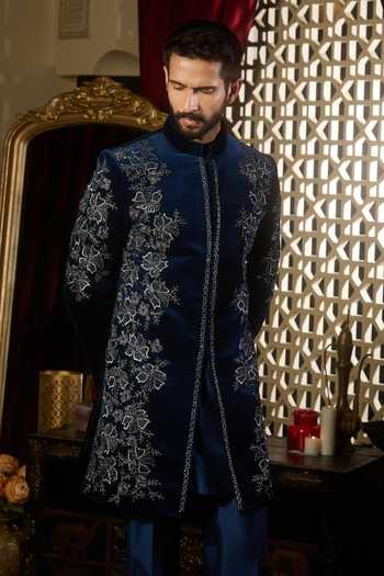 Contrast By Parth_Blue Velvet Reign Embroidered Sherwani Set _at_Aza_Fashions