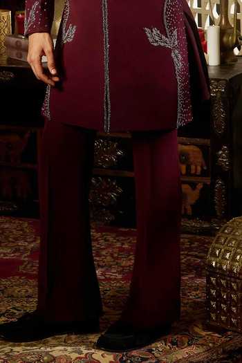 Contrast By Parth_Burgundy Lycra, Suiting Embroidered Sherwani Set _Online_at_Aza_Fashions