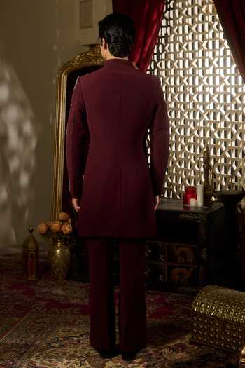 Shop_Contrast By Parth_Burgundy Lycra, Suiting Embroidered Sherwani Set _at_Aza_Fashions