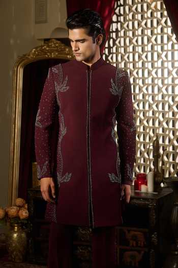 Buy_Contrast By Parth_Burgundy Lycra, Suiting Embroidered Sherwani Set _Online_at_Aza_Fashions