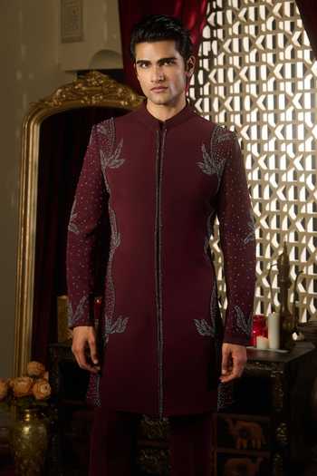 Shop_Contrast By Parth_Burgundy Lycra, Suiting Embroidered Sherwani Set _Online_at_Aza_Fashions