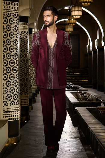 Buy_Contrast By Parth_Burgundy Lycra Garnet Short Jacket And Kurta Set 