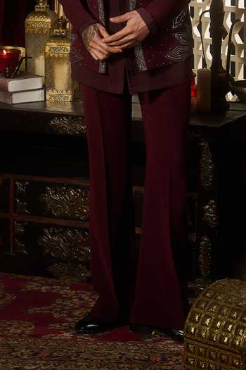 Contrast By Parth_Burgundy Lycra, Suiting Ember Embroidered Short Jacket Set _Online_at_Aza_Fashions