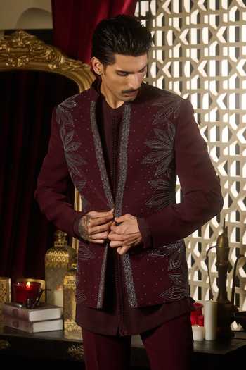 Buy_Contrast By Parth_Burgundy Lycra, Suiting Ember Embroidered Short Jacket Set _Online_at_Aza_Fashions