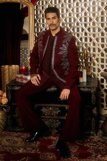 Contrast By Parth_Burgundy Lycra, Suiting Ember Embroidered Short Jacket Set _at_Aza_Fashions