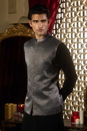 Buy_Contrast By Parth_Grey Jacquard Halo Embroidered Nehru Jacket Set _Online_at_Aza_Fashions