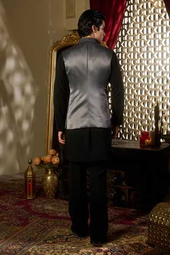 Shop_Contrast By Parth_Grey Jacquard Halo Embroidered Nehru Jacket Set _at_Aza_Fashions