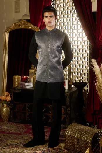 Shop_Contrast By Parth_Grey Jacquard Halo Embroidered Nehru Jacket Set _Online_at_Aza_Fashions