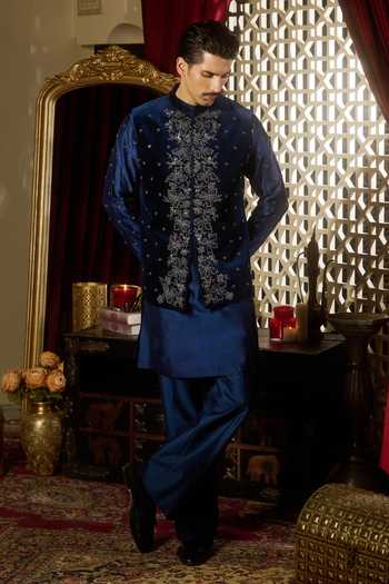 Buy_Contrast By Parth_Blue Velvet Prism Embroidered Nehru Jacket And Kurta Set _at_Aza_Fashions