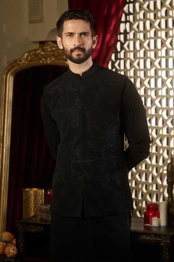 Buy_Contrast By Parth_Black Lycra, Suiting Void Embroidered Nehru Jacket Set _Online_at_Aza_Fashions