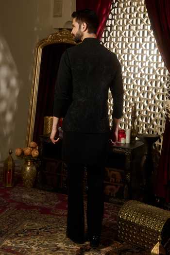 Shop_Contrast By Parth_Black Lycra, Suiting Void Embroidered Nehru Jacket Set _at_Aza_Fashions