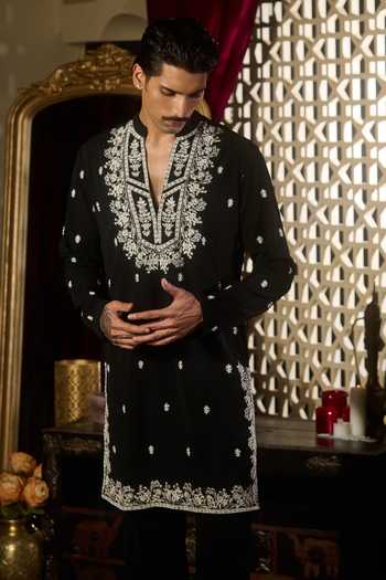 Contrast By Parth_Black Silk Frost Floral Embroidered Kurta Set _Online_at_Aza_Fashions