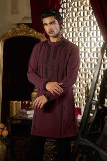 Contrast By Parth_Burgundy Silk Ember Embroidered Kurta Set _Online_at_Aza_Fashions