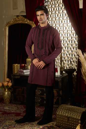 Buy_Contrast By Parth_Burgundy Silk Ember Embroidered Kurta Set _at_Aza_Fashions