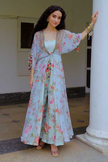 Buy_Aangan By Parul_Sky Blue Chiffon, Silk Square Neck Celestial Breeze Jacket And Jumpsuit Set _at_Aza_Fashions
