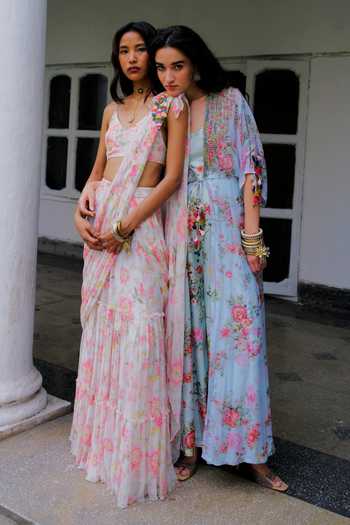 Buy_Aangan By Parul_Sky Blue Chiffon, Silk Square Neck Celestial Breeze Jacket And Jumpsuit Set _Online_at_Aza_Fashions