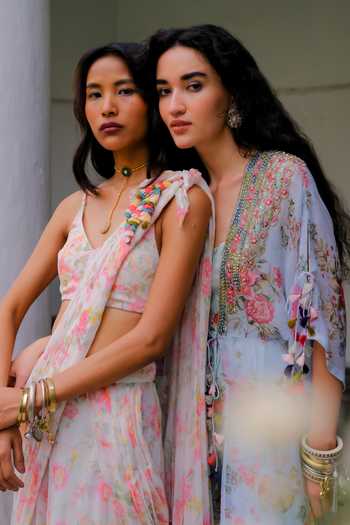 Shop_Aangan By Parul_Sky Blue Chiffon, Silk Square Neck Celestial Breeze Jacket And Jumpsuit Set _Online_at_Aza_Fashions