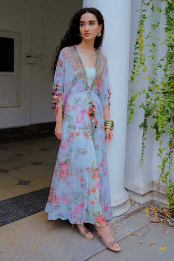 Aangan By Parul_Sky Blue Chiffon, Silk Square Neck Celestial Breeze Jacket And Jumpsuit Set _at_Aza_Fashions