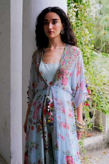 Buy_Aangan By Parul_Sky Blue Chiffon, Silk Square Neck Celestial Breeze Jacket And Jumpsuit Set 