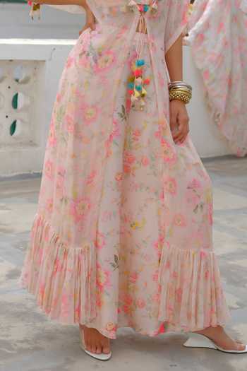 Aangan By Parul_Pink Silk, Chiffon V-neck Seraphine Drift Kaftan And Pant Set _Online