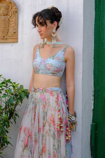 Buy_Aangan By Parul_Sky Blue Silk, Chiffon V-neck Clarisse Printed Lehenga And Blouse Set _Online_at_Aza_Fashions