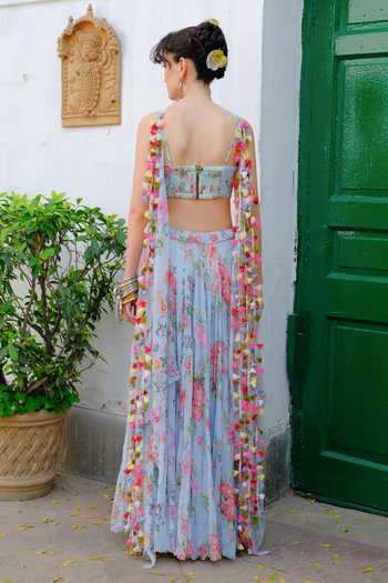 Shop_Aangan By Parul_Sky Blue Silk, Chiffon V-neck Clarisse Printed Lehenga And Blouse Set _at_Aza_Fashions