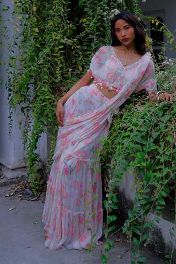 Shop_Aangan By Parul_Off White Silk, Chiffon V-neck Eleanor Floral Print Pre-draped Saree With Blouse _at_Aza_Fashions