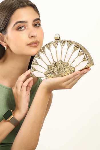 House of Webhin_Gold Brass Mother Of Pearl Metal Handbag And Chain _Online_at_Aza_Fashions