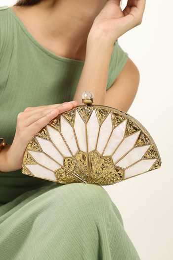 Shop_House of Webhin_Gold Brass Mother Of Pearl Metal Handbag And Chain _Online_at_Aza_Fashions