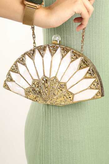 Shop_House of Webhin_Gold Brass Mother Of Pearl Metal Handbag And Chain _at_Aza_Fashions