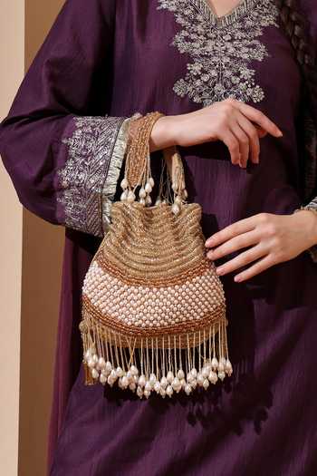 Shop_House Of Webhin_Gold Embroidery, Beads, Pearls, Tassels Ranya Potli _at_Aza_Fashions